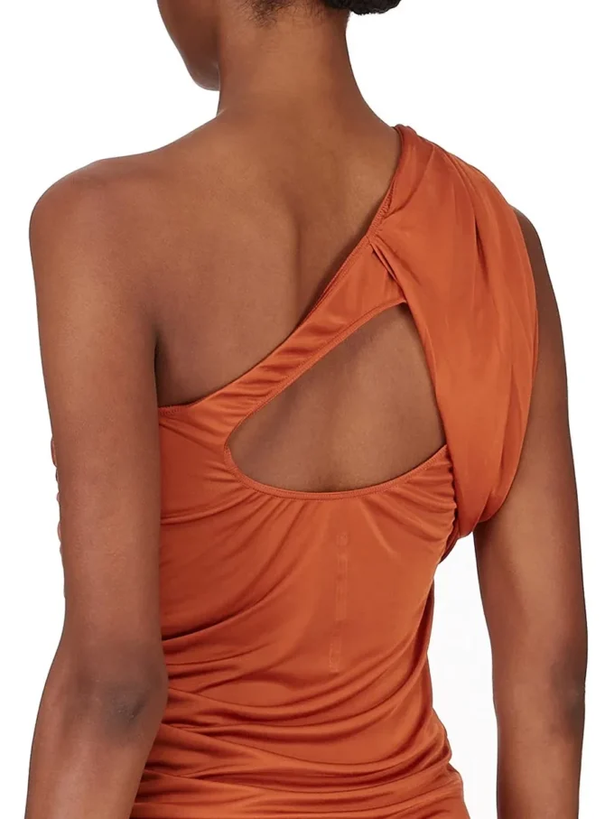 RICK OWENS FW25 CONCORDIANS AMIRA-KLÄNNING I ORANGE SATINVISKOSJERSEY. LI02E3526JVS-153