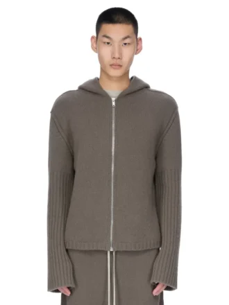 RICK OWENS FW25 CONCORDIANS FÖRKOLLEKTION HOODIE MED DRAGKEDJA I DUST LAS PALMAS KASHMERESTICKNING. RU02E1666KLWS-34