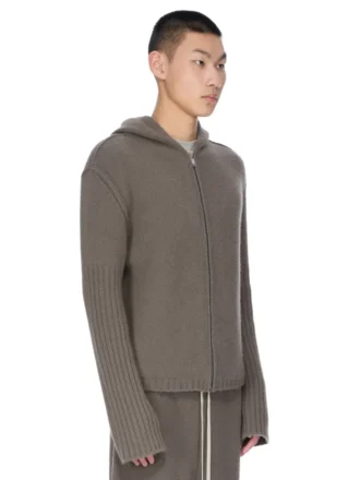 RICK OWENS FW25 CONCORDIANS FÖRKOLLEKTION HOODIE MED DRAGKEDJA I DUST LAS PALMAS KASHMERESTICKNING. RU02E1666KLWS-34