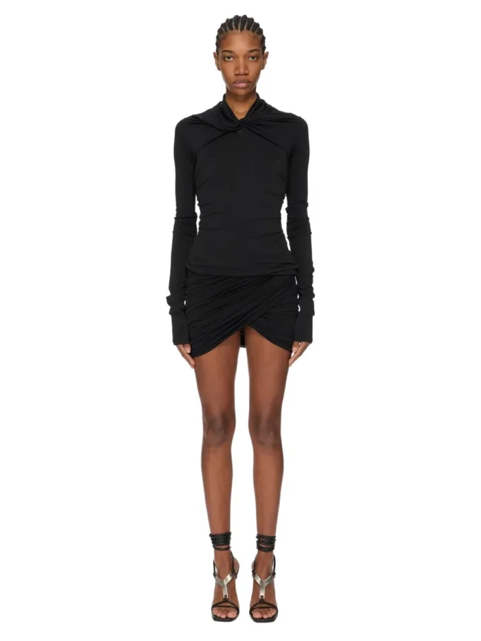 RICK OWENS FW25 CONCORDIANS KAIRO LS-TOPP I SVART VISKOS-CREPEJERSEY LI02E3212CVI-09