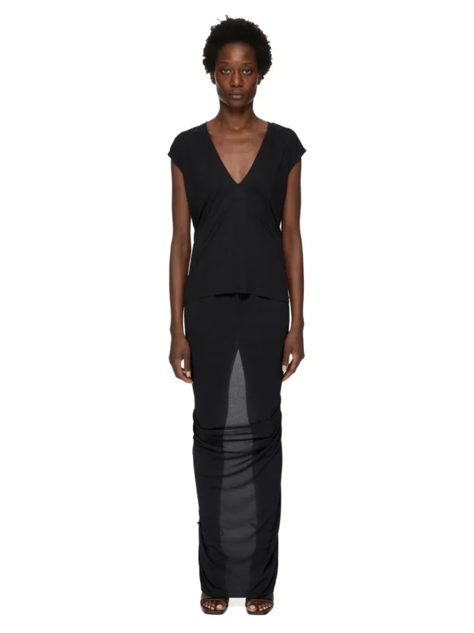 RICK OWENS LILIES FW25 CONCORDIANS EVA-KJOL I SVART VISKOS- OCH CREPEJERSEY LI02E3316CVI-09